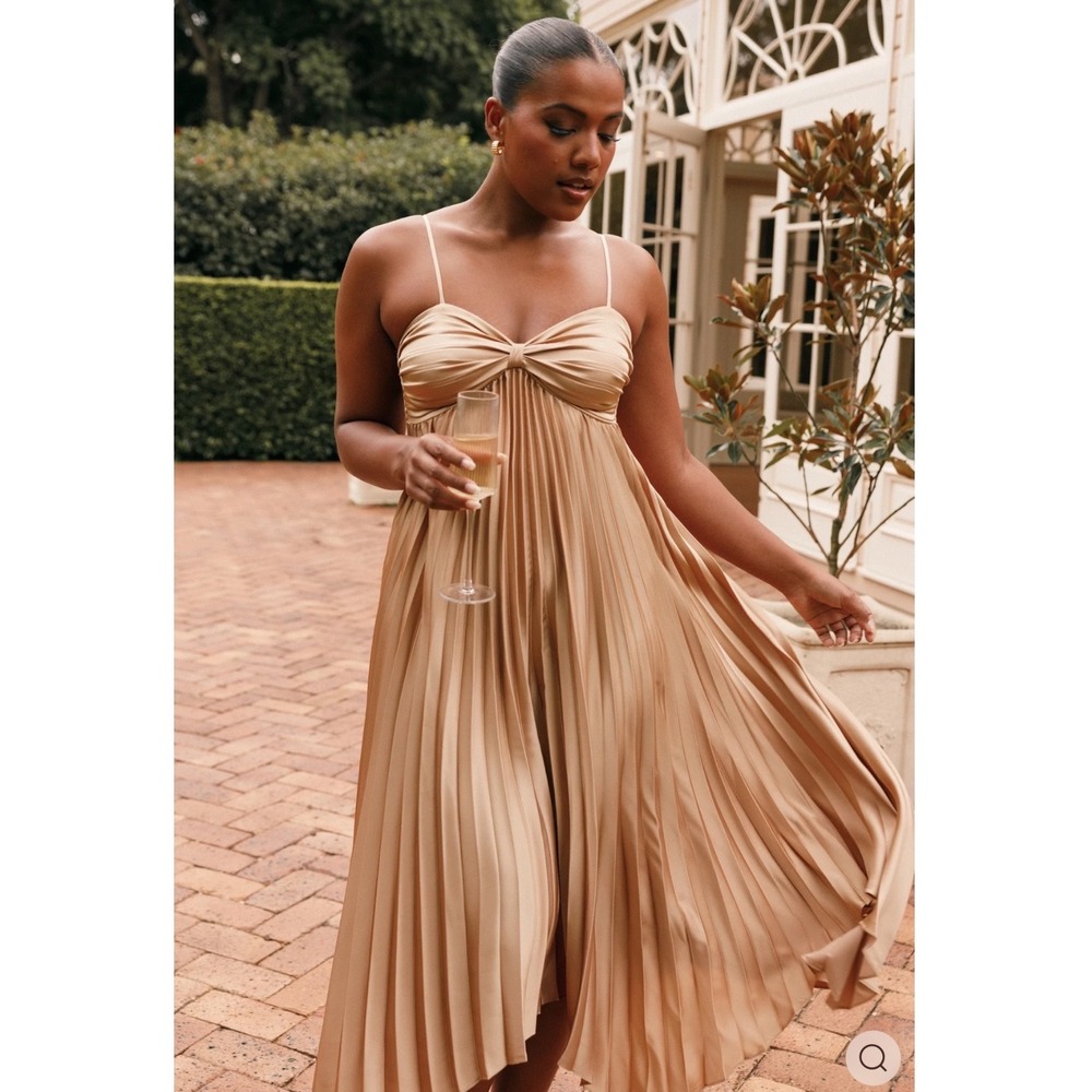 Petal + Pup Vikki Gold Pleated Midi Dress Satin Asymmetrical Hem NWT Women 16